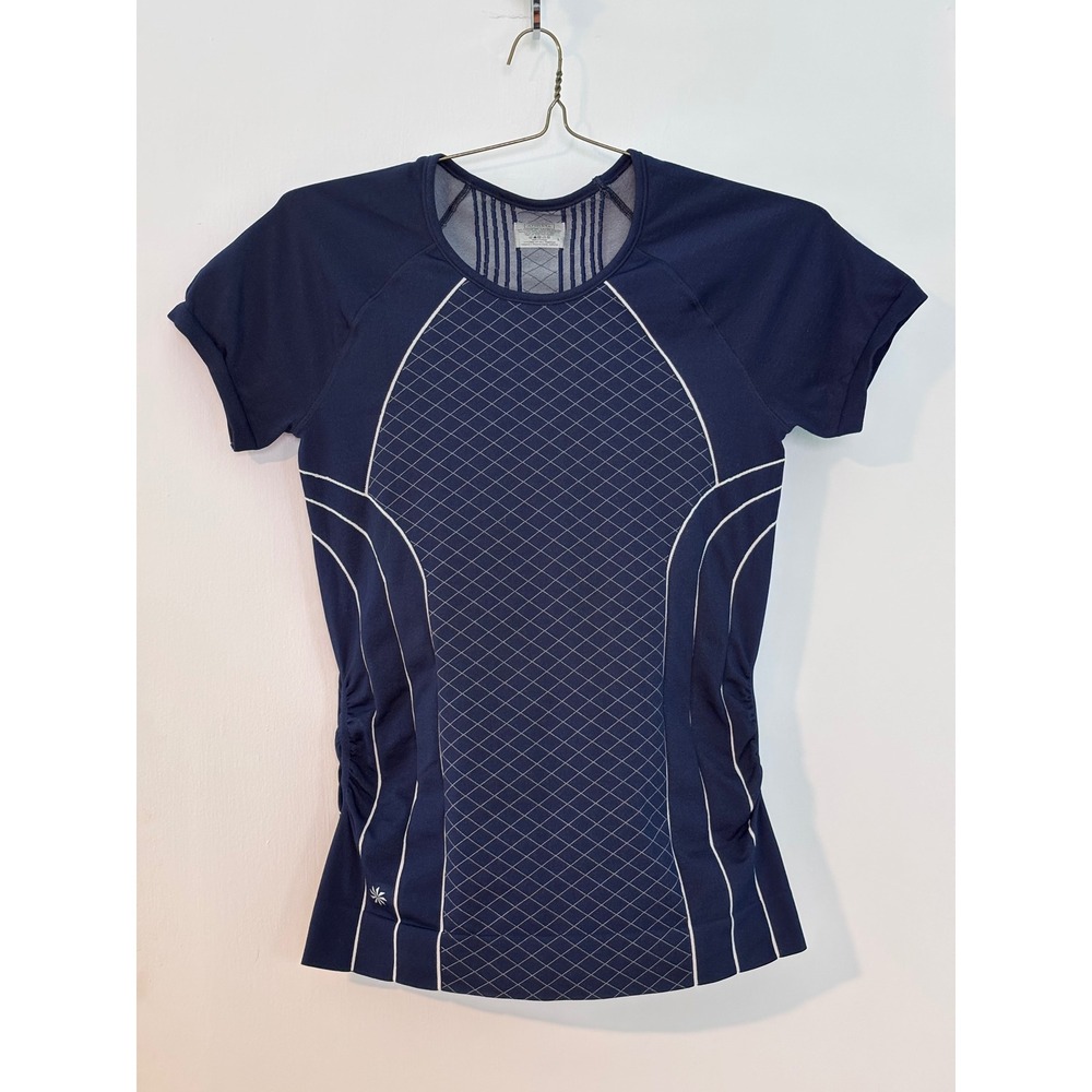 Athleta Navy Blue Short Sleeve Ruched Performance Workout Top 591287-00-2 Size L - Picture 2 of 6